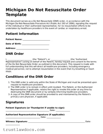 Free  Do Not Resuscitate Order Form for Michigan