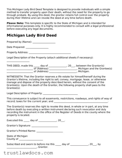 Free  Lady Bird Deed Form for Michigan