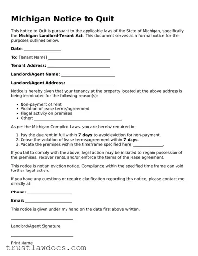 Free  Notice to Quit Form for Michigan