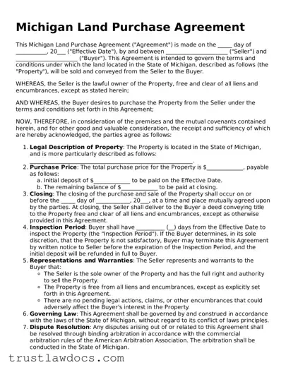 Free  Land Purchase Agreement Form for Michigan