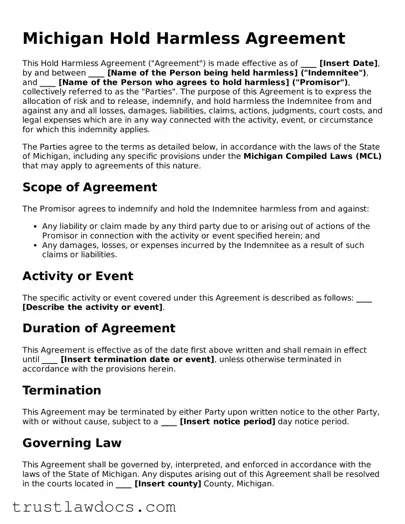 Free  Hold Harmless Agreement Form for Michigan