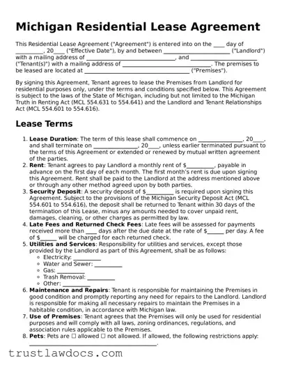 Free  Residential Lease Agreement Form for Michigan