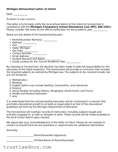 Free  Homeschool Letter of Intent Form for Michigan