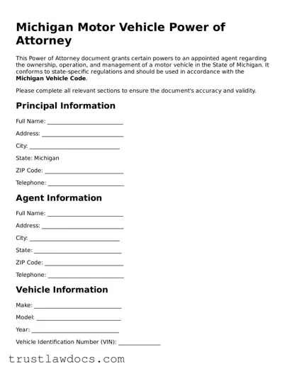 Free  Motor Vehicle Power of Attorney Form for Michigan