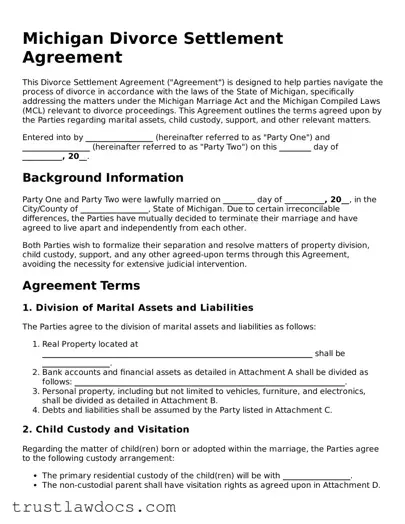 Free  Divorce Settlement Agreement Form for Michigan