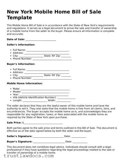 Free  Mobile Home Bill of Sale Form for New York