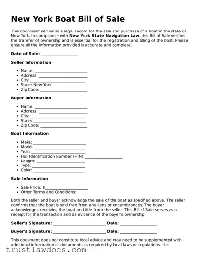 Free  Boat Bill of Sale Form for New York