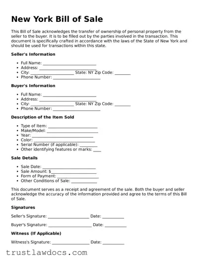 Free  Bill of Sale Form for New York