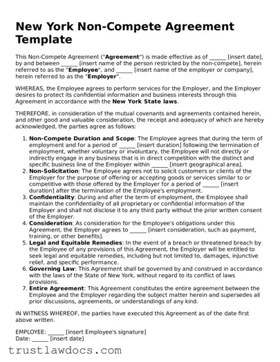 Free  Non-compete Agreement Form for New York