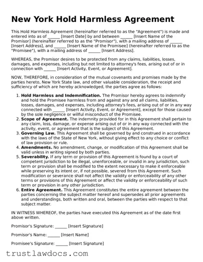 Free  Hold Harmless Agreement Form for New York
