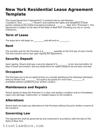 Free  Residential Lease Agreement Form for New York