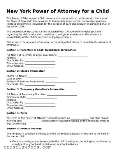 Free  Power of Attorney for a Child Form for New York