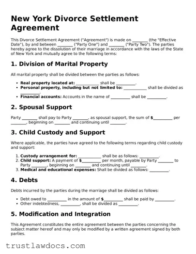 Free  Divorce Settlement Agreement Form for New York