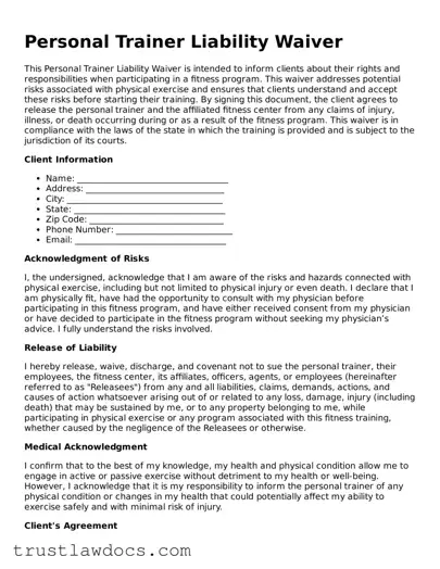 Official Personal Trainer Liability Waiver Document