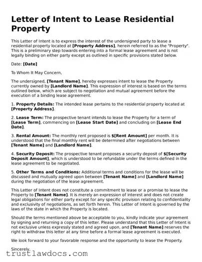 Official Letter of Intent to Lease Residential Property Document