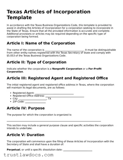 Free  Articles of Incorporation Form for Texas