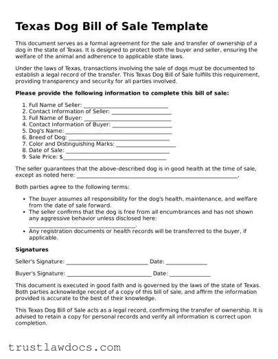 Free  Dog Bill of Sale Form for Texas