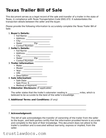 Free  Trailer Bill of Sale Form for Texas