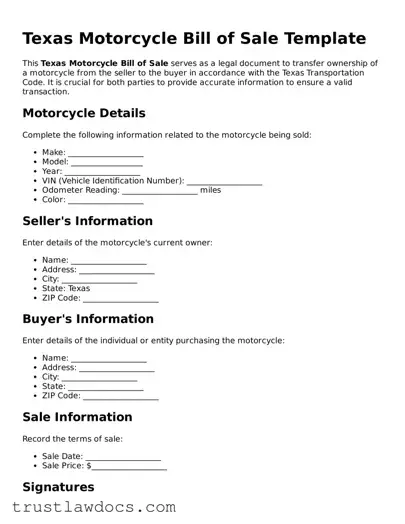 Free  Motorcycle Bill of Sale Form for Texas