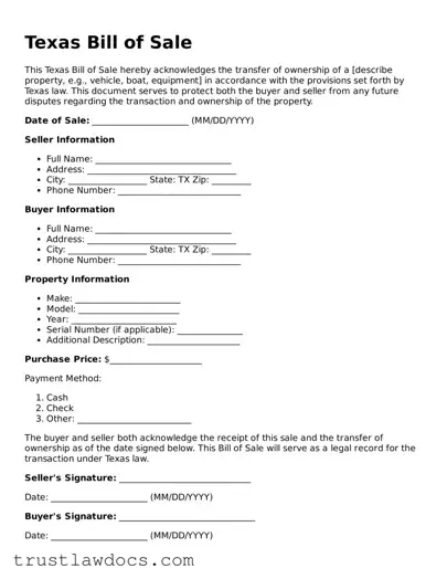 Free  Bill of Sale Form for Texas