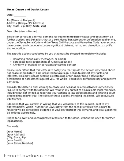 Free  Cease and Desist Letter Form for Texas