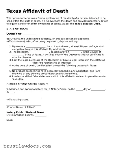 Free  Affidavit of Death Form for Texas