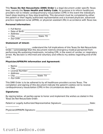 Free  Do Not Resuscitate Order Form for Texas