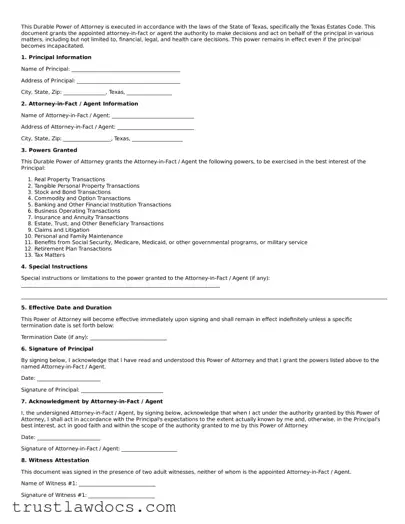 Free  Durable Power of Attorney Form for Texas