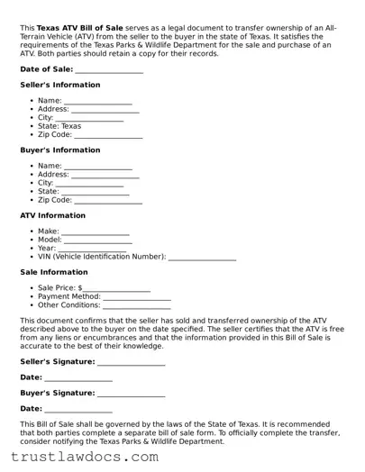Free  ATV Bill of Sale Form for Texas