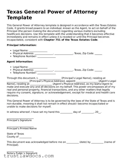 Free  General Power of Attorney Form for Texas