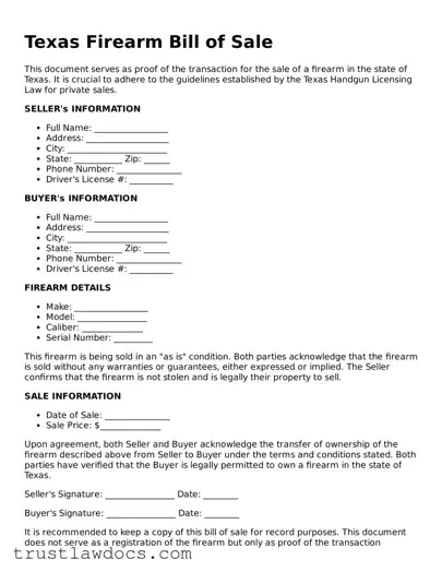 Free  Firearm Bill of Sale Form for Texas
