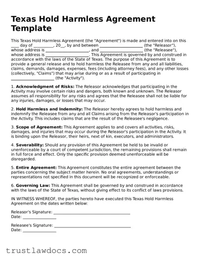 Free  Hold Harmless Agreement Form for Texas