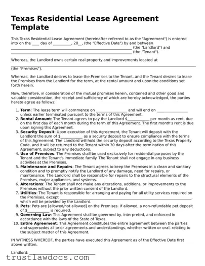 Free  Residential Lease Agreement Form for Texas