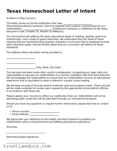 Free  Homeschool Letter of Intent Form for Texas