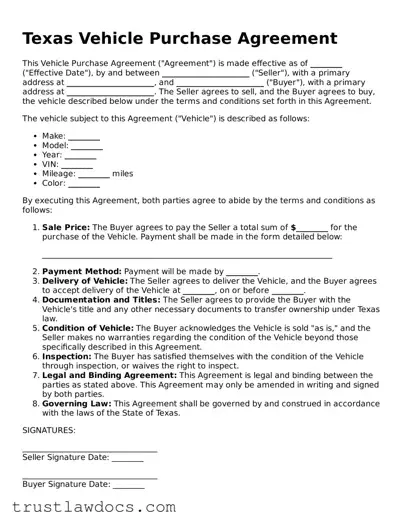 Free  Vehicle Purchase Agreement Form for Texas