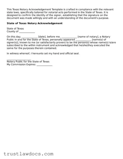 Free  Notary Acknowledgement Form for Texas