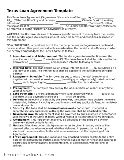 Free  Loan Agreement Form for Texas
