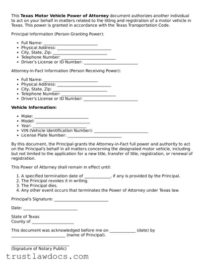 Free  Motor Vehicle Power of Attorney Form for Texas