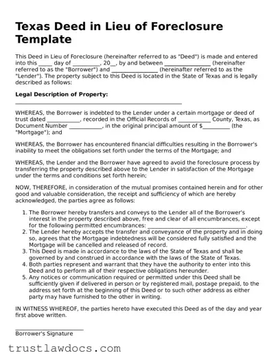 Free  Deed in Lieu of Foreclosure Form for Texas