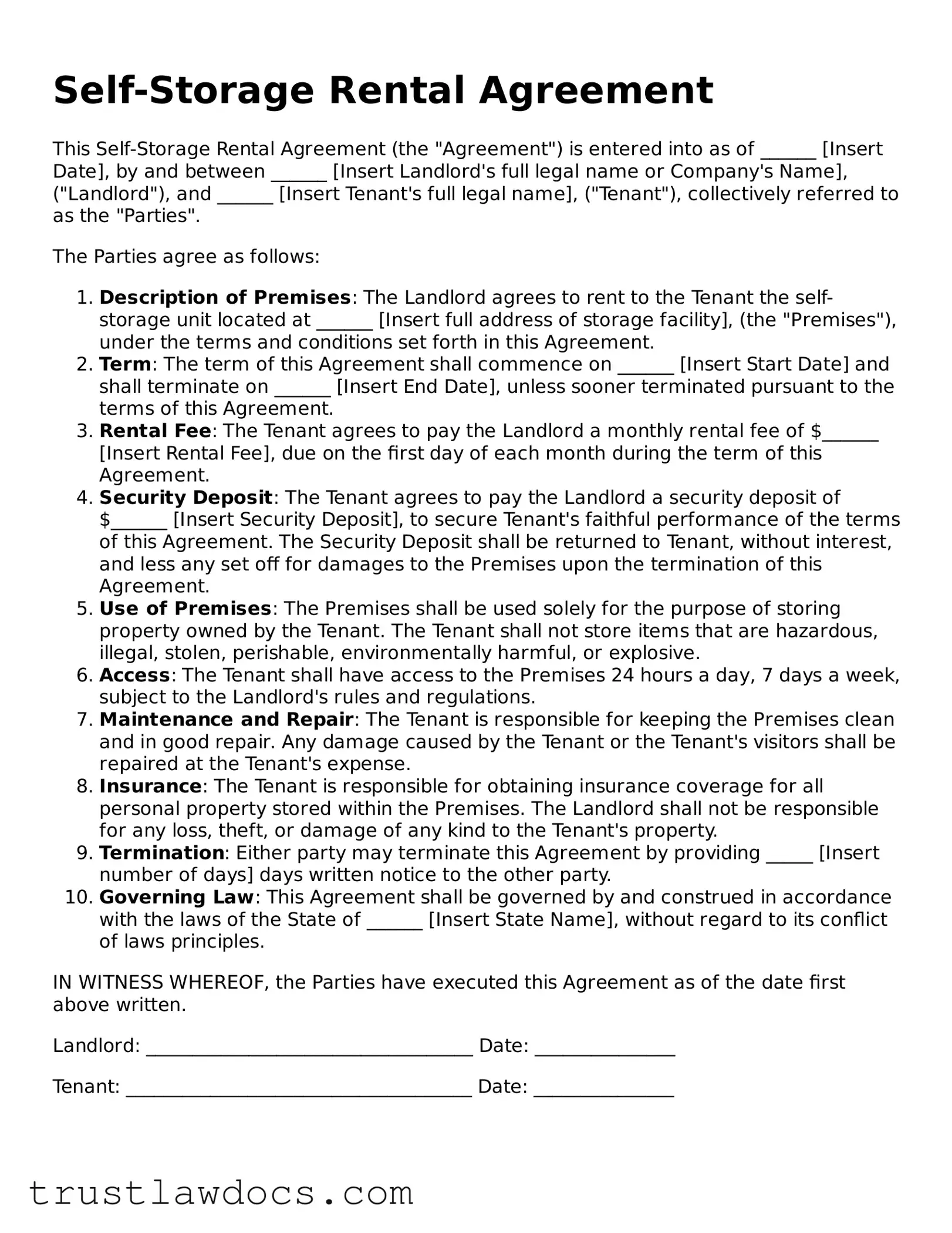 Official Self-Storage Rental Agreement Document