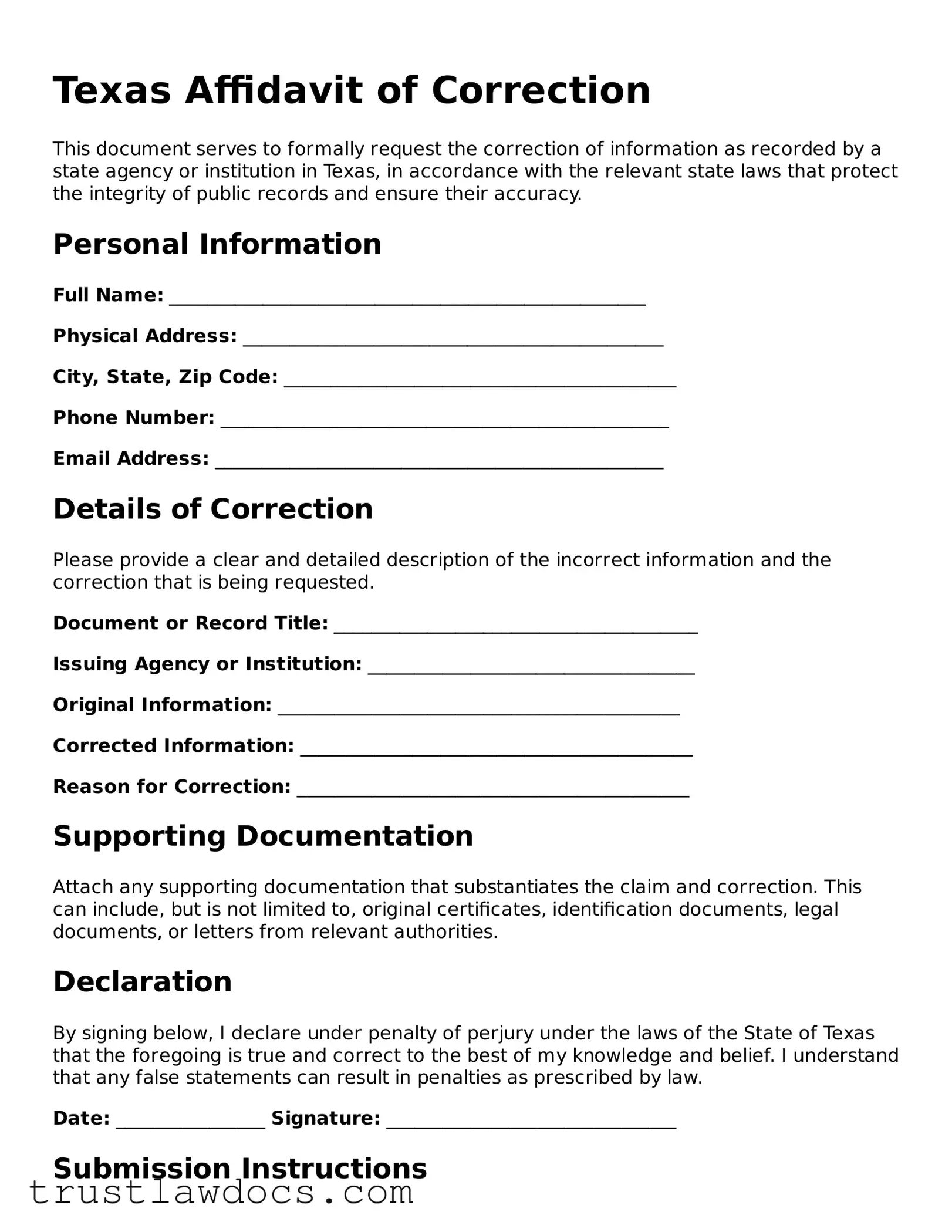 Free  Affidavit of Correction Form for Texas