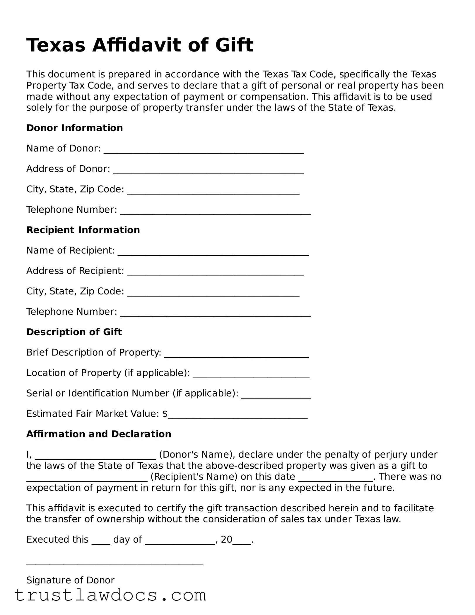 Free  Affidavit of Gift Form for Texas