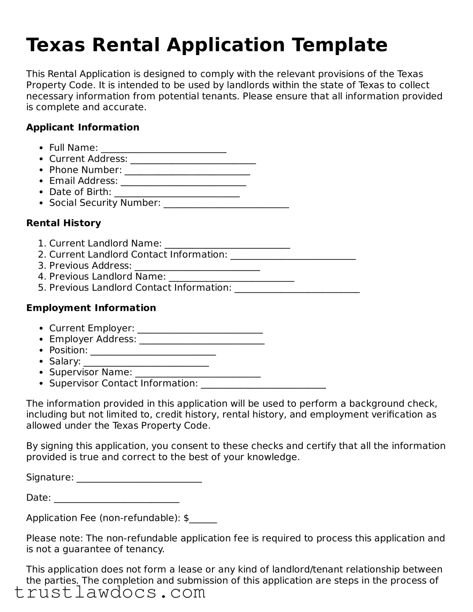 Free  Rental Application Form for Texas