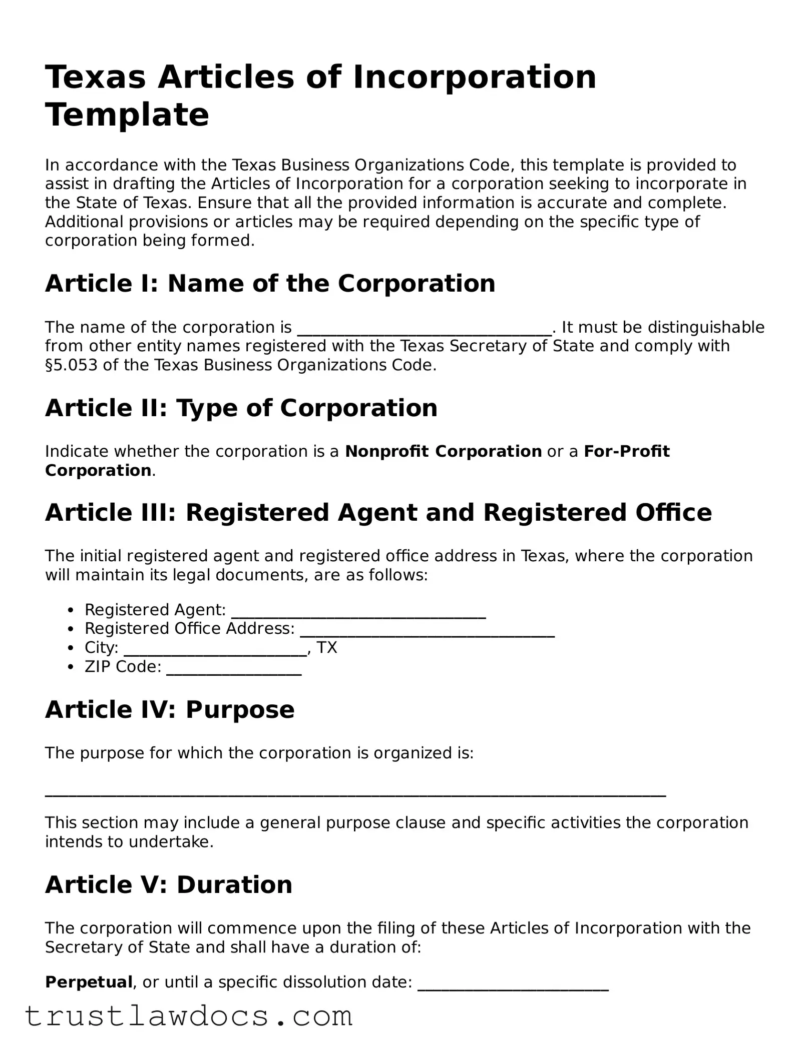 Free  Articles of Incorporation Form for Texas
