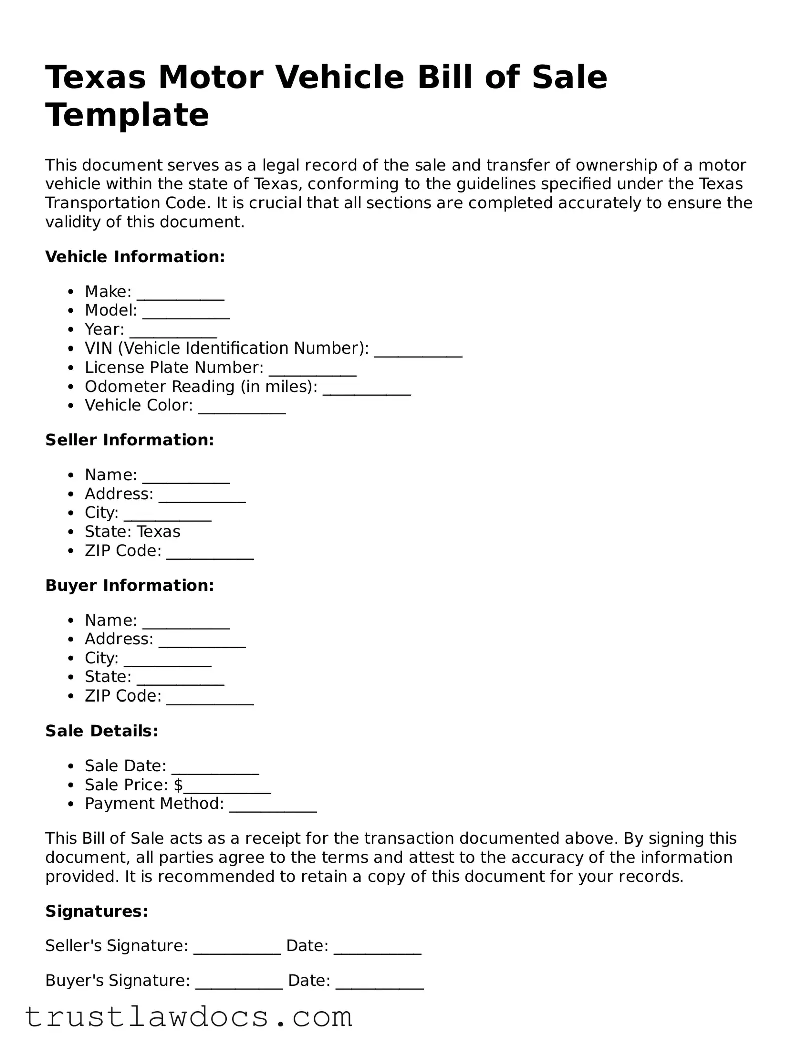 Free  Motor Vehicle Bill of Sale Form for Texas