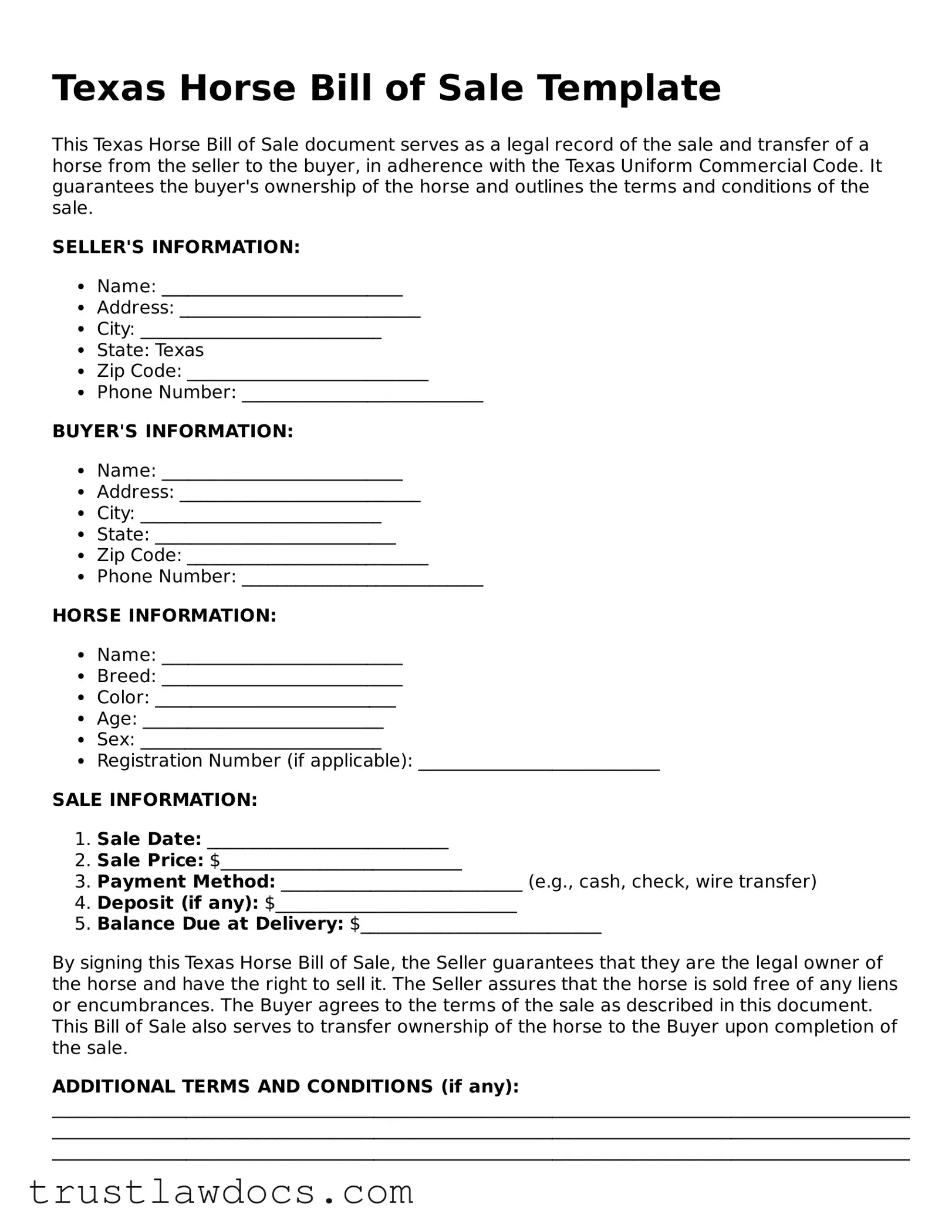 Free  Horse Bill of Sale Form for Texas