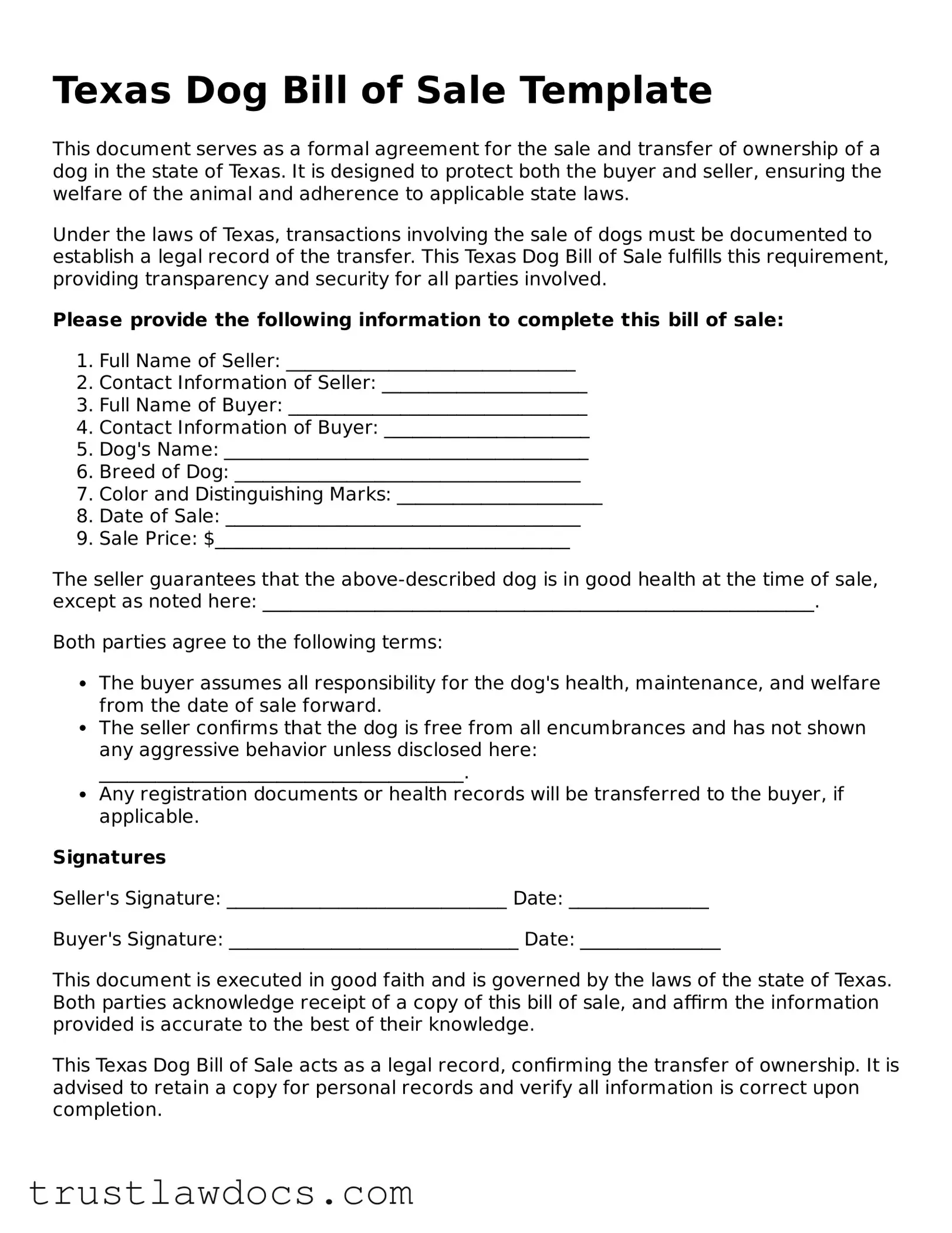 Free  Dog Bill of Sale Form for Texas