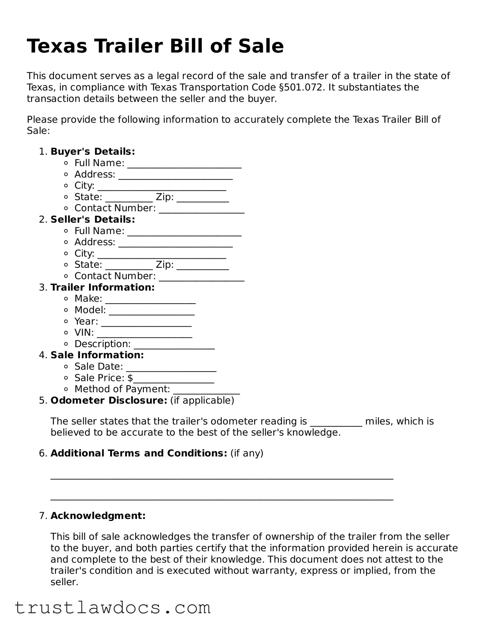 Free  Trailer Bill of Sale Form for Texas