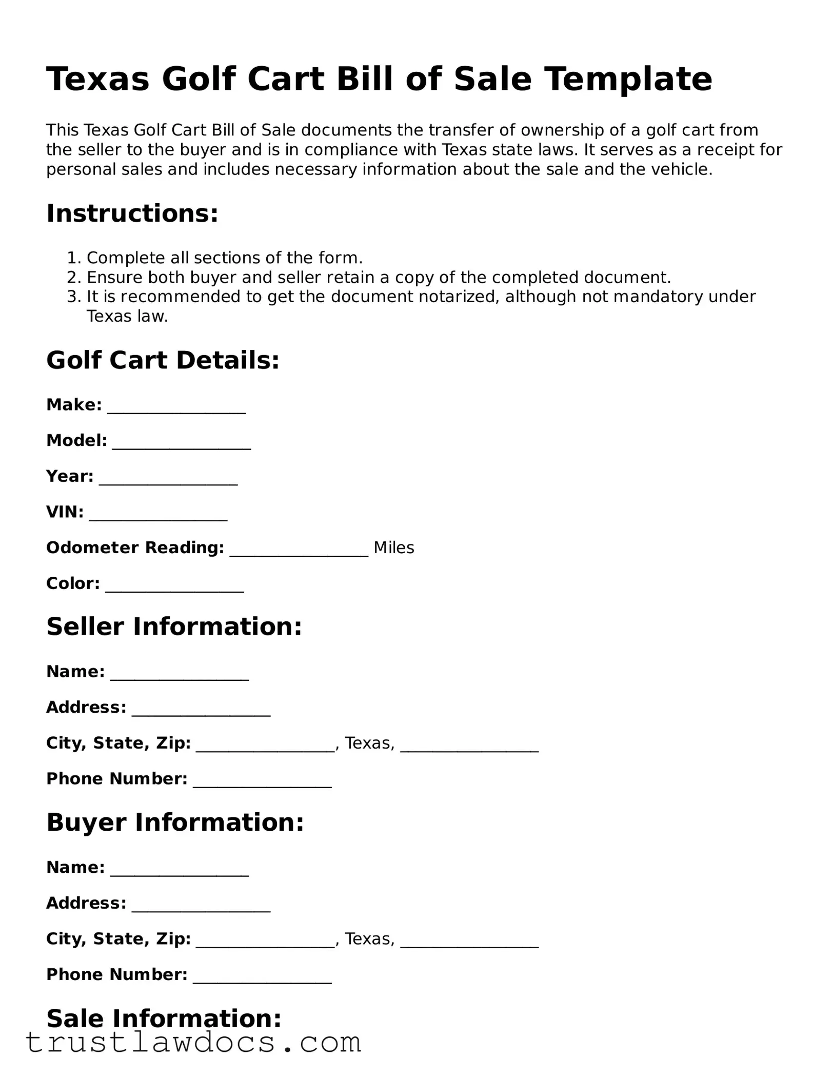 Free  Golf Cart Bill of Sale Form for Texas