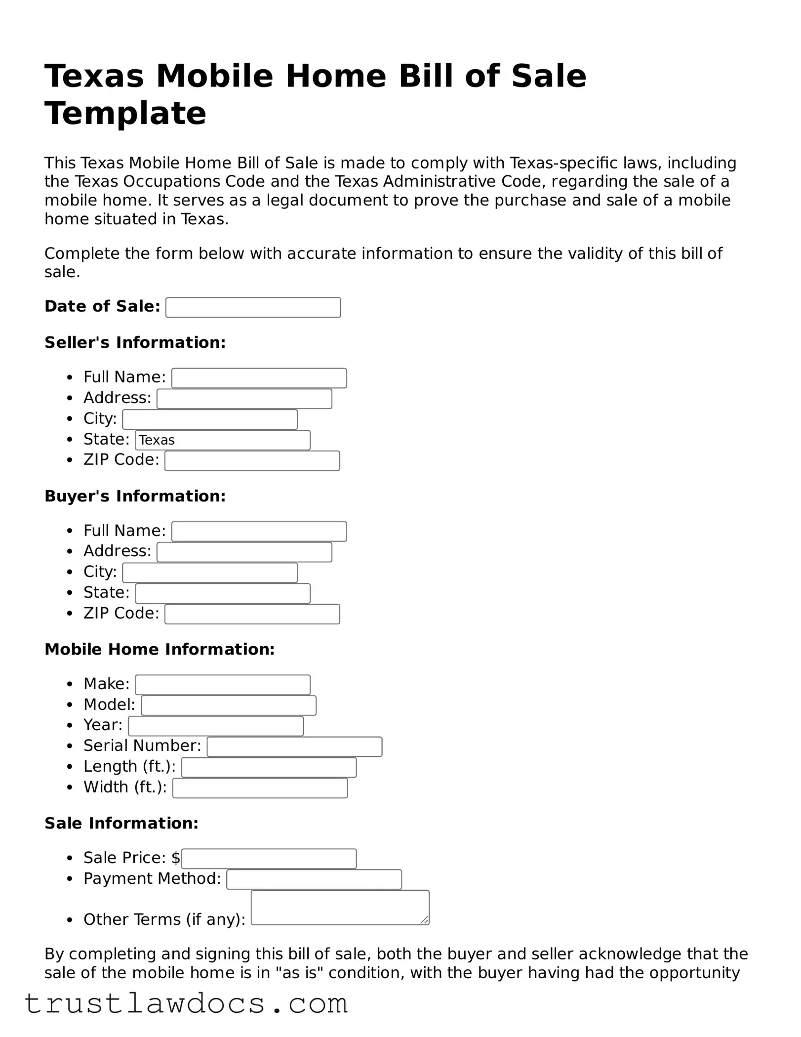Free  Mobile Home Bill of Sale Form for Texas